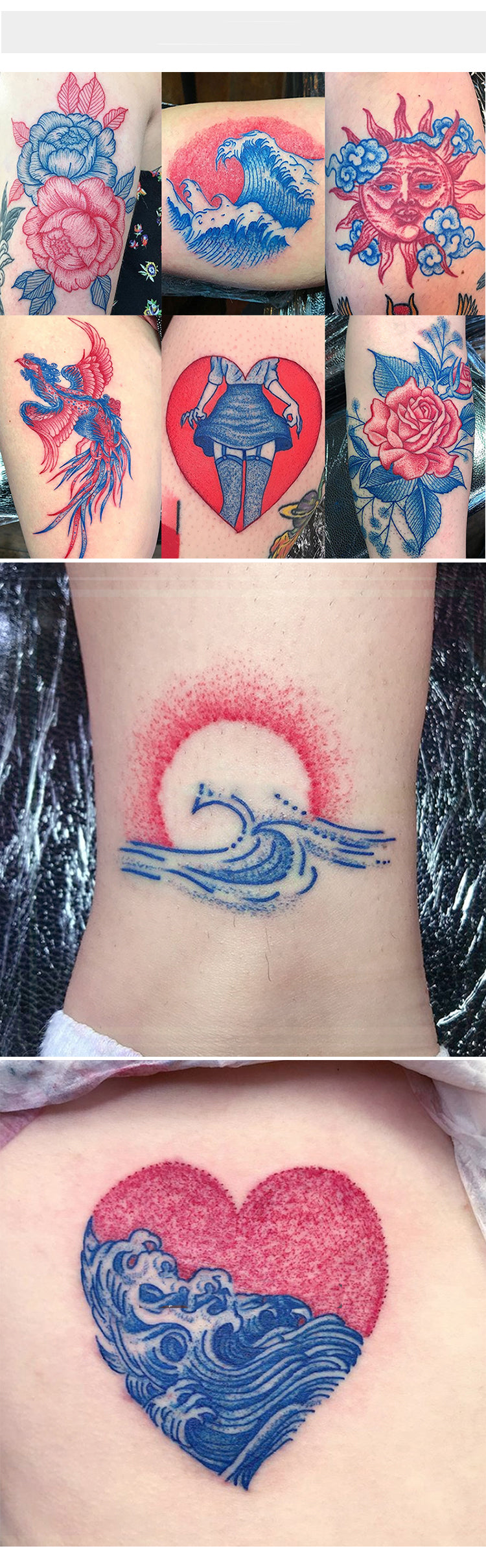 13 Pcs Combo Red and Blue Ukiyoe and Flower Temporary Tattoo